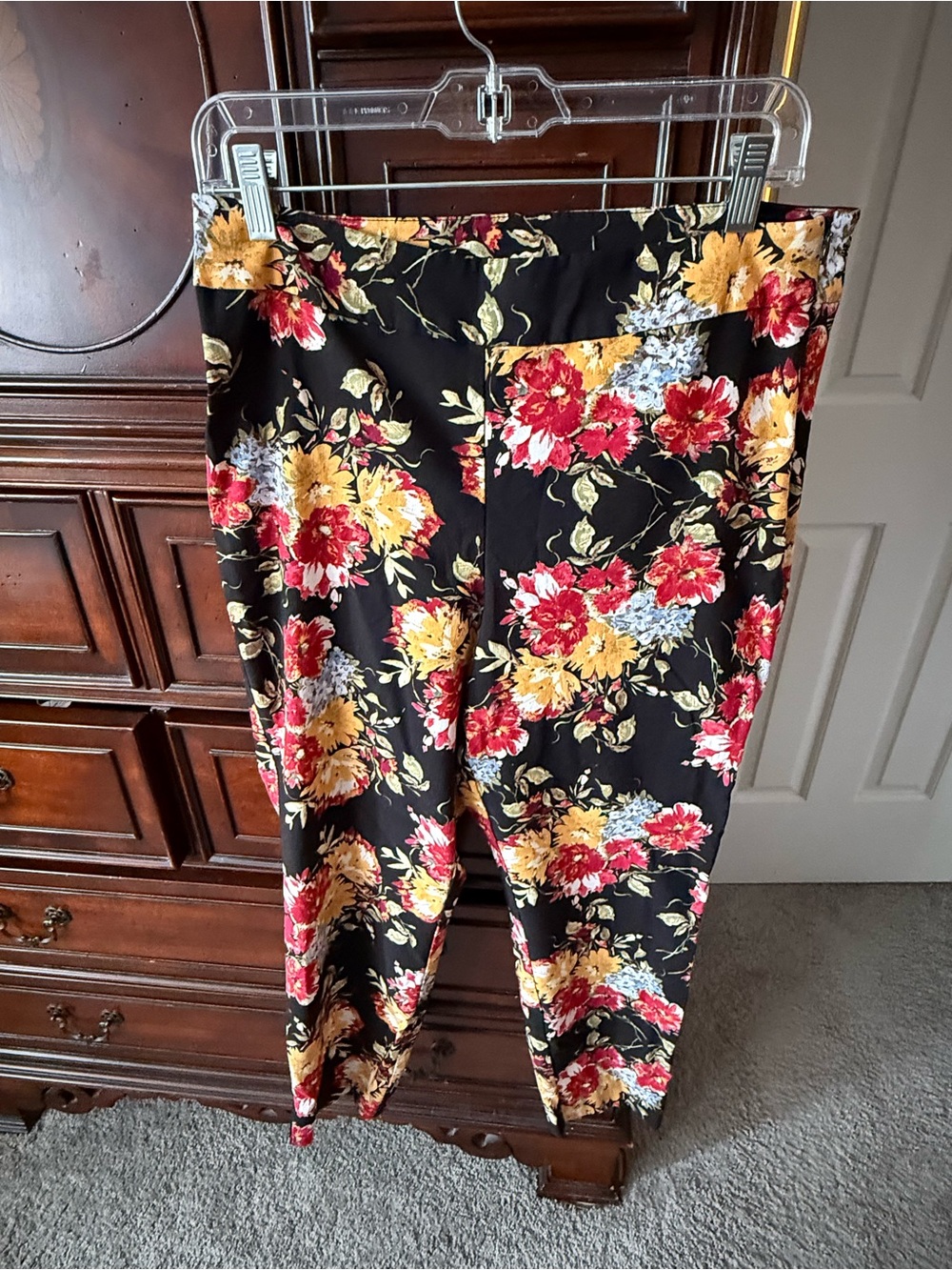 Time and Tru Black Floral Tspered-Leg Pants with Red & Yellow Blooms Size 16